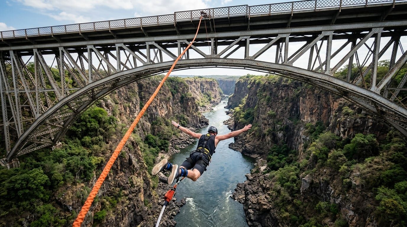 A bungee jumper diving head-first from the Victoria Falls Bridge towards the Zambezi River in the gorge below