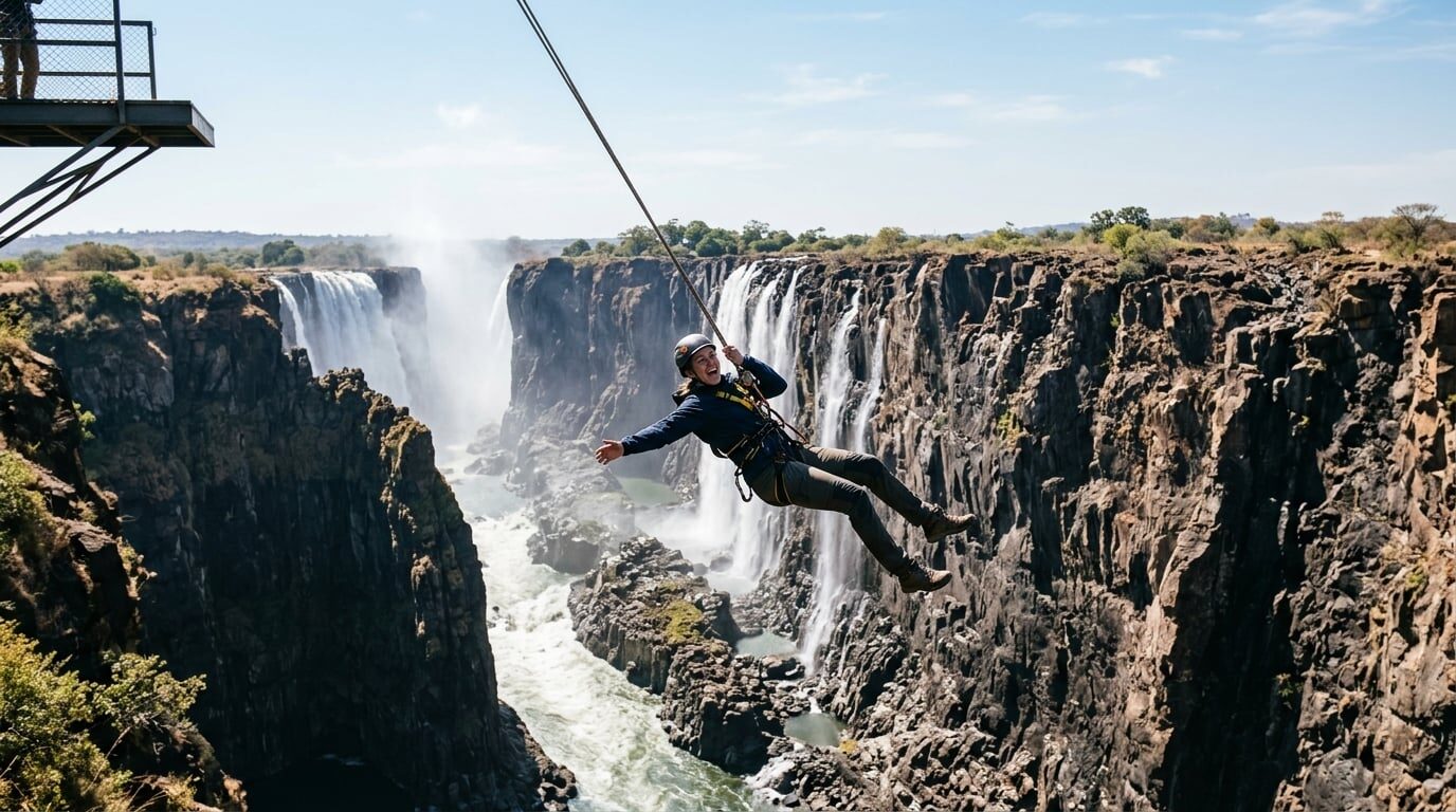 A harnessed swinger in mid-air on the Victoria Falls gorge swing, hanging on the rope above the Batoka Gorge with the Zambezi River far below